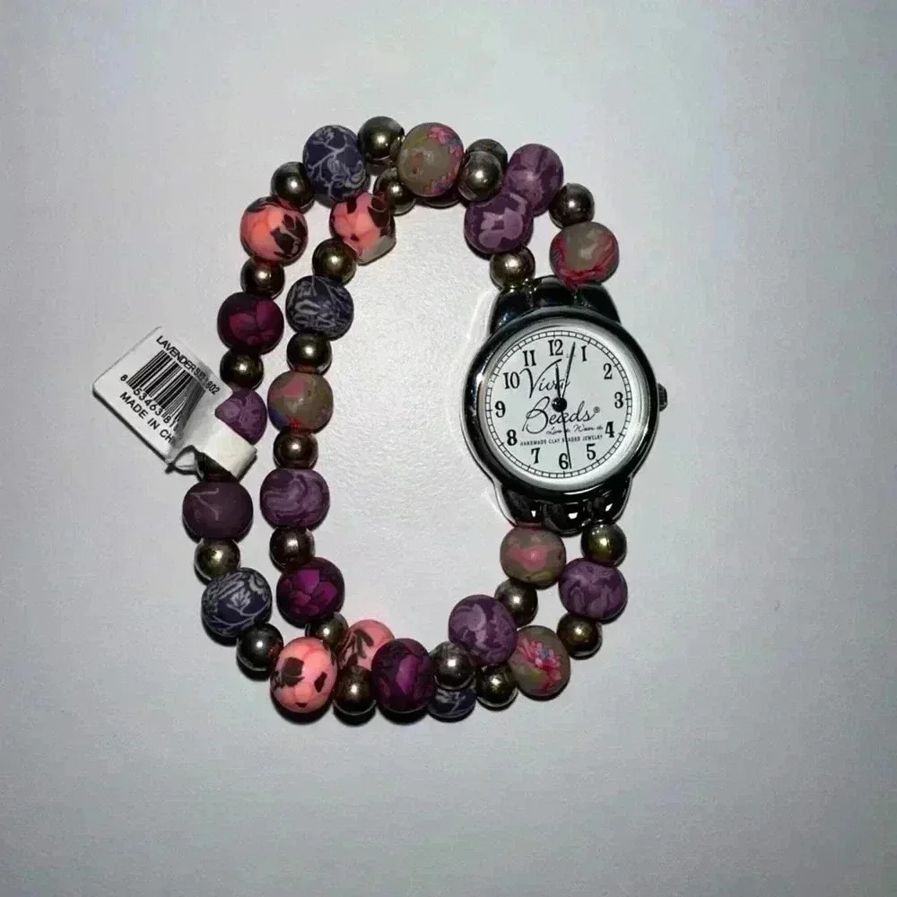 Viva Beads Watch NEW & untested Handmade Clay Beaded Stretch Band LavenderFloral